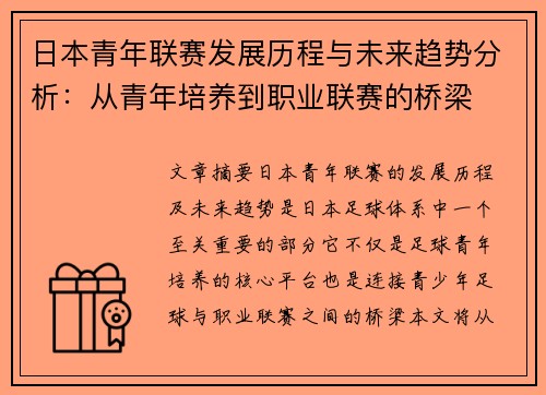 日本青年联赛发展历程与未来趋势分析：从青年培养到职业联赛的桥梁
