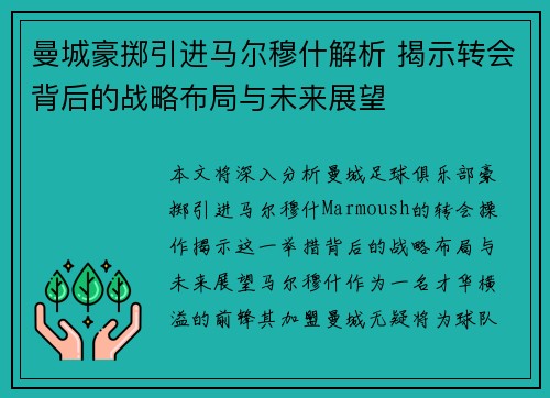 曼城豪掷引进马尔穆什解析 揭示转会背后的战略布局与未来展望